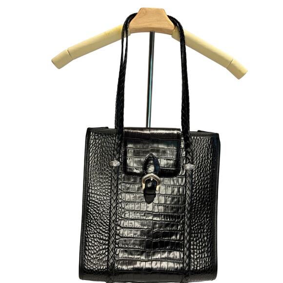 Vintage 1990's Brighton Black Croc Leather Handbag, Silver Hardware, Excellent - Picture 1 of 9